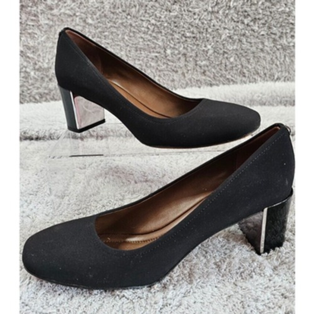 Donald J Pliner Block Heel Pumps Black Fabric Stretch Silver Accent Women 7.5M
